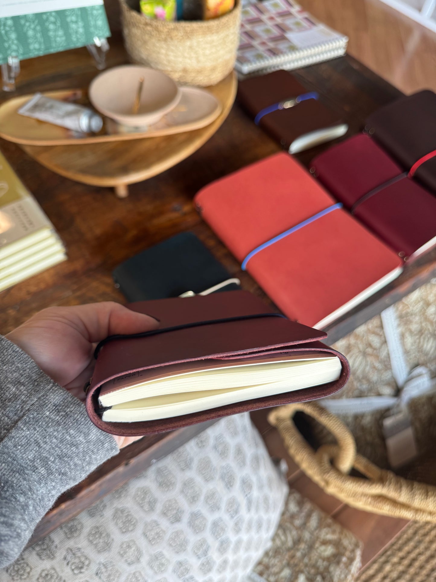 Crimson Leather Trifold Folio A6 w/Navy Cord