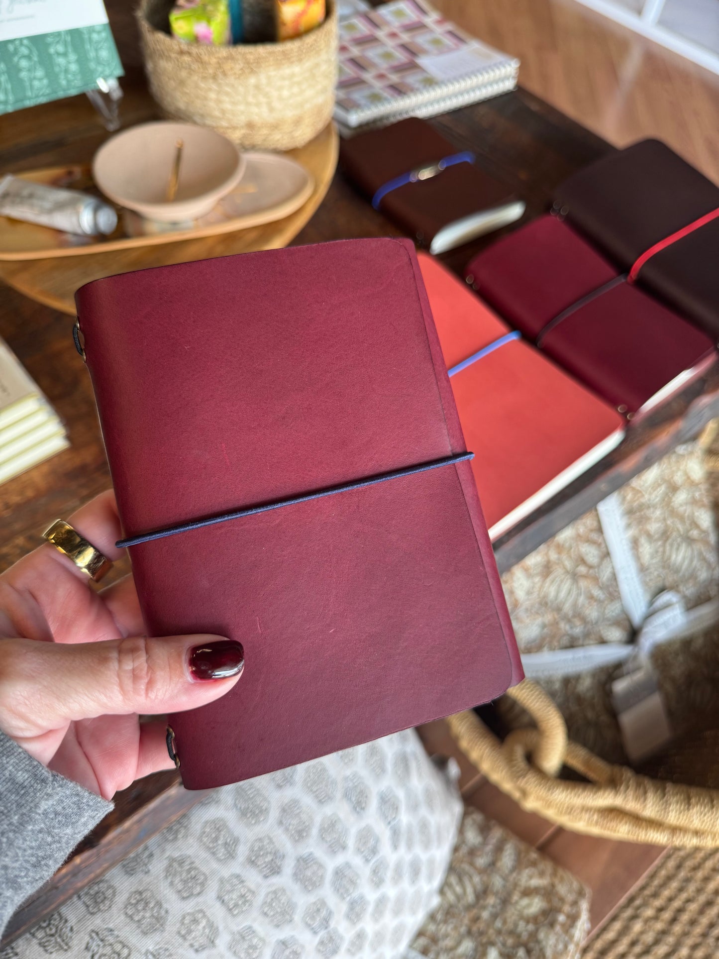 Crimson Leather Trifold Folio A6 w/Navy Cord