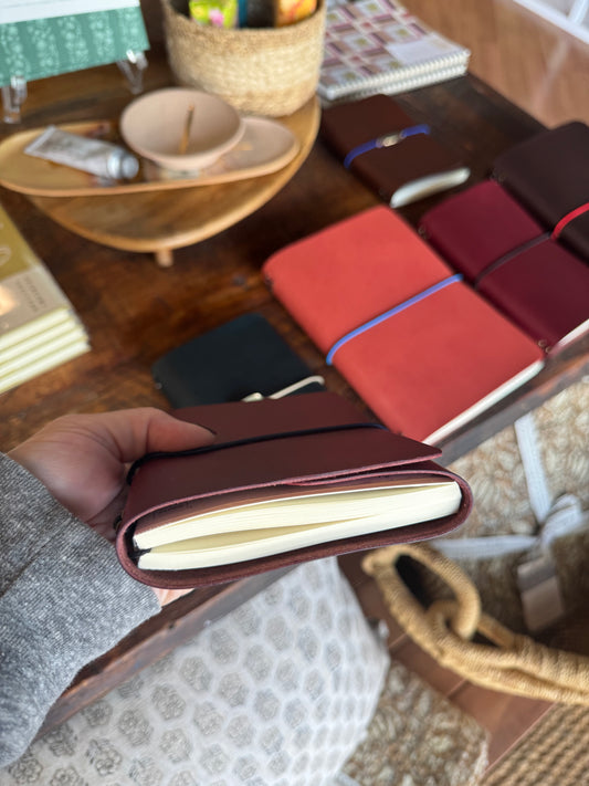 Crimson Leather Trifold Folio A6 w/Navy Cord